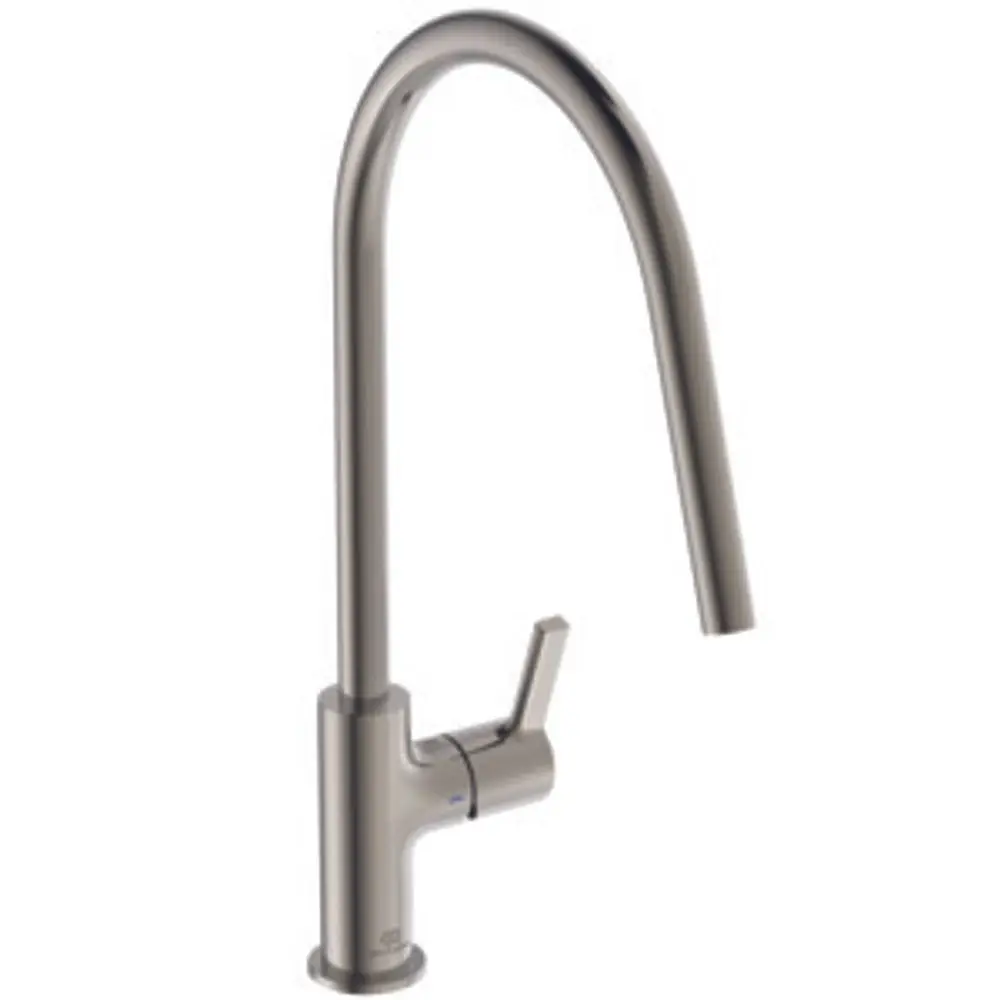 Küchenarmatur von Ideal Standard mit gebogenem Auslauf und seitlichem Hebel zur Wasserregulierung in einem minimalistischen Design.
